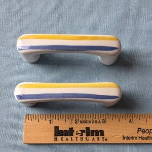 White Ceramic Drawer Pulls with Yellow and Blue Stripe Accent